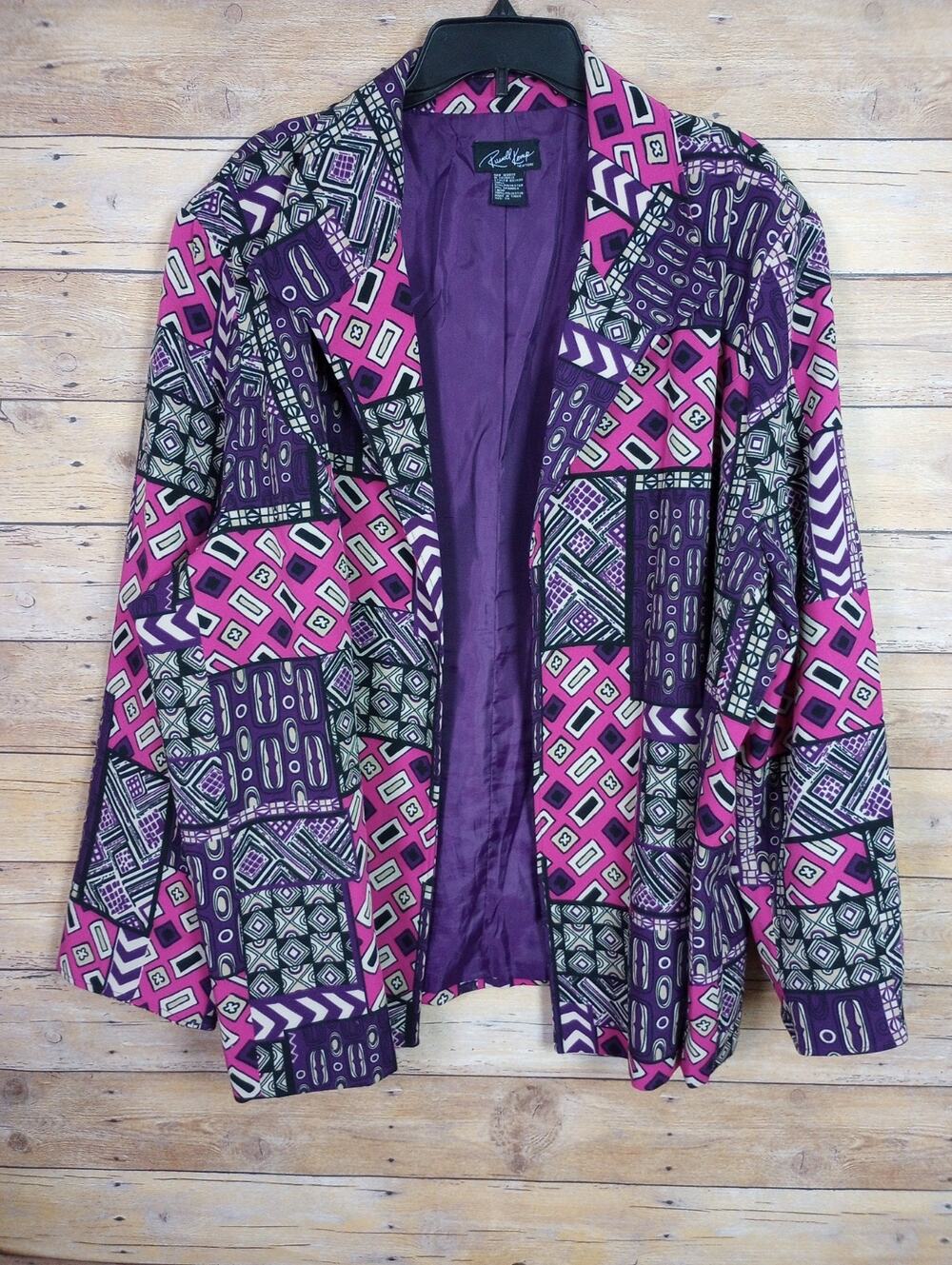 Vintage Women Blazer Jacket 3X Purple Pink Geometric Patchwork Russell Kemp